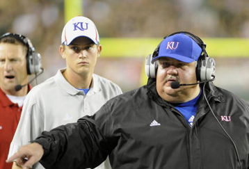 TAMPA, FL - SEPTEMBER 12: Coach Mark Mangino of the Kansas University Jayhawks directs play against the University of South Florida Bulls at Raymond James Stadium on September 12, 2008 in Tampa, Florida.  (Photo by Al Messerschmidt/Getty Images) 