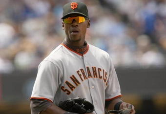 LOS ANGELES, CA - APRIL 13:  Left fielder Fred Lewis #14 of the San Francisco Giants takes the field against the Los Angeles Dodgers on April 13, 2009 at Dodger Stadiium in Los Angeles, California.  The Dodgers won 11-1.  (Photo by Stephen Dunn/Getty Images)