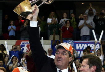 YPSILANTI, MI - OCTOBER 05:  Detroit Shock head coach Bill Laimbeer holds the championship trophy after the Detroit Shock beat the San Antonio Silver Stars in Game 3 of the WNBA Finals at the Eastern Michigan University Convocation Center on October 5, 2008 in Ypsilanti, Michigan. NOTE TO USER: User expressly acknowledges and agrees that, by downloading and or using this Photograph, User is consenting to the terms and conditions of the Getty Images License Agreement.  (Photo by Domenic Centofanti/Getty Images)