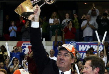 YPSILANTI, MI - OCTOBER 05:  Detroit Shock head coach Bill Laimbeer holds the championship trophy after the Detroit Shock beat the San Antonio Silver Stars in Game 3 of the WNBA Finals at the Eastern Michigan University Convocation Center on October 5, 2008 in Ypsilanti, Michigan. NOTE TO USER: User expressly acknowledges and agrees that, by downloading and or using this Photograph, User is consenting to the terms and conditions of the Getty Images License Agreement.  (Photo by Domenic Centofanti/Getty Images)