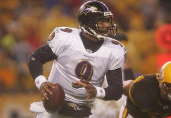 PITTSBURGH - NOVEMBER 5:  Steve McNair #9 of the Baltimore Ravens drops back against the Pittsburgh Steelers on November 5, 2007 at Heinz Field in Pittsburgh, Pennsylvania. (Photo by Chris McGrath/Getty Images)   