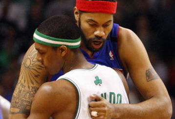 BOSTON - MAY 28:  Rasheed Wallace #36 of the Detroit Pistons gives a hug to Rajon Rondo #9 of the Boston Celtics in Game Five of the Eastern Conference Finals during the 2008 NBA Playoffs at TD Banknorth Garden on May 28, 2008 in Boston, Massachusetts.  The Celtics won 106-102.  NOTE TO USER: User expressly acknowledges and agrees that, by downloading and/or using this photograph, user is consenting to the terms and conditions of the Getty Images License Agreement. (Photo by Jim Rogash/Getty Images)