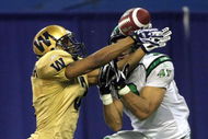 TORONTO - NOVEMBER 25:  Anthony Malbrough #3 of the Winnipeg Blue Bombers knocks away a pass in the endzone  from D.J. Flick #3 of the Saskatchewan Rough Riders during the third quarter in the 95th Grey Cup on November 25, 2007 at the Rogers Centre in Toronto, Ontario, Canada.  The Rough Riders won 23-19.  (Photo by Harry How/Getty Images)