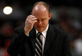 CHICAGO - MARCH 06:  Head coach Scott Skiles of the Milwaukee Bucks reacts against the Chicago Bulls at the United Center on March 6, 2009 in Chicago, Illinois.  NOTE TO USER: User expressly acknowledges and agreees that, by downloading and/or using this Photograph, User is consenting to the terms and conditions of the Getty Images License Agreement.  (Photo by Jonathan Daniel/Getty Images)