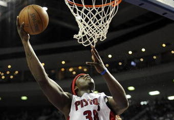 AUBURN HILLS, MI - APRIL 24:  Kwame Brown #38 of the Detroit Pistons gets to the basket while playing the Cleveland Cavaliers during Game Three of the Eastern Conference Quarterfinals during the 2009 NBA Playoffs at the Palace of Auburn Hills on April 24, 2009 in Auburn Hills, Michigan. Cleveland won the game 79-68 to take a 3-0 series lead. NOTE TO USER: User expressly acknowledges and agrees that, by downloading and or using this photograph, User is consenting to the terms and conditions of the Getty Images License Agreement.  (Photo by Gregory Shamus/Getty Images)