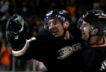ANAHEIM, CA - OCTOBER 29:   Francois Beauchemin #23 of the Anaheim Ducks celebrates with Rob Niedermayer #44 after Beauchemin scored the game winning goal in overtime against the Detroit Red Wings during the NHL game at Honda Center on October 29, 2008 in Anaheim, California. The Ducks defeated the Red Wings 5-4 in overtime. (Photo by Christian Petersen/Getty Images)