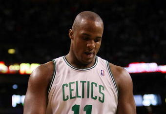 BOSTON - FEBRUARY 05:  Glen Davis #11 of the Boston Celtics heads to the line after he fouled Lamar Odom of the Los Angeles Lakers giving him two shots in the final minutes of the game on February 5, 2009 at TD Banknorth Garden in Boston, Massachusetts. Odom shoots the game winner and gives the Lakers the win over the Celtics 110-109 in overtime. NOTE TO USER: User expressly acknowledges and agrees that, by downloading and or using this Photograph, user is consenting to the terms and conditions of the Getty Images License Agreement.  (Photo by Elsa/Getty Images)