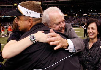 NEW ORLEANS - NOVEMBER 04:  Head Coach Sean Payton of the New Orleans Saints gets a hug from Team Owner Tom Benson after defeating the Jacksonville Jaguars on November 4, 2007 at the Louisiana Superdome in New Orleans, Louisiana. The Saints defeated the Jaguars 41-24.  (Photo by Chris Graythen/Getty Images)
