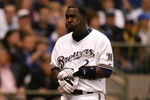 MILWAUKEE - OCTOBER 04:  Bill Hall #2 of the Milwaukee Brewers reacts after he struck out looking in the bottom of the second inning against the Philadelphia Phillies in Game three of the NLDS during the 2008 MLB playoffs at Miller Park on October 4, 2008 in Milwaukee, Wisconsin.  (Photo by Jim McIsaac/Getty Images)