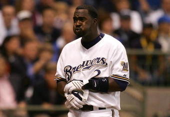 MILWAUKEE - OCTOBER 04:  Bill Hall #2 of the Milwaukee Brewers reacts after he struck out looking in the bottom of the second inning against the Philadelphia Phillies in Game three of the NLDS during the 2008 MLB playoffs at Miller Park on October 4, 2008 in Milwaukee, Wisconsin.  (Photo by Jim McIsaac/Getty Images)