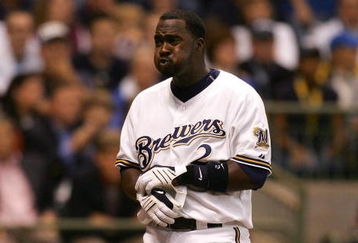 MILWAUKEE - OCTOBER 04:  Bill Hall #2 of the Milwaukee Brewers reacts after he struck out looking in the bottom of the second inning against the Philadelphia Phillies in Game three of the NLDS during the 2008 MLB playoffs at Miller Park on October 4, 2008 in Milwaukee, Wisconsin.  (Photo by Jim McIsaac/Getty Images)