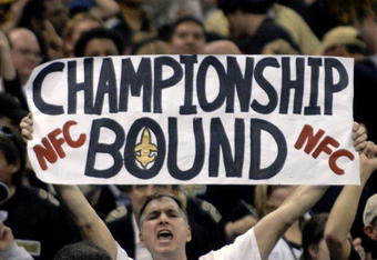 New Orleans Saints  fan tells the story after a 27- 24 victory  over the Philadelphia Eagles in  an NFL NFC divisional playoff game Jan. 13, 2007 in the Superdome in New Orleans.  (Photo by Al Messerschmidt/Getty Images)