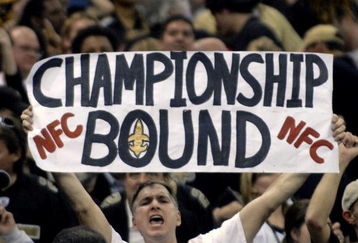 New Orleans Saints  fan tells the story after a 27- 24 victory  over the Philadelphia Eagles in  an NFL NFC divisional playoff game Jan. 13, 2007 in the Superdome in New Orleans.  (Photo by Al Messerschmidt/Getty Images)