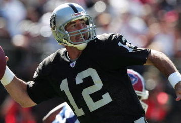 OAKLAND, CA - SEPTEMBER 19:  Rich Gannon #12 of the Oakland Raiders throws a pass against the Buffalo Bills at Network Associates Coliseum on September 19, 2004 in Oakland, California. (Photo by Jed Jacobsohn/Getty Images)