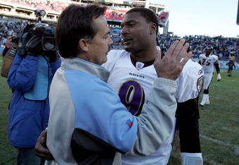 NASHVILLE, TN - NOVEMBER 12:  Steve McNair #9 of the Baltimore Ravens and Jeff Fisher the Head Coach of the Tennessee Titans greet each other after the Ravens beat the Titans 27-26 on November 12, 2006 at LP Field in Nashville, Tennessee.  (Photo by Andy Lyons/Getty Images)