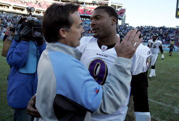 NASHVILLE, TN - NOVEMBER 12:  Steve McNair #9 of the Baltimore Ravens and Jeff Fisher the Head Coach of the Tennessee Titans greet each other after the Ravens beat the Titans 27-26 on November 12, 2006 at LP Field in Nashville, Tennessee.  (Photo by Andy Lyons/Getty Images)