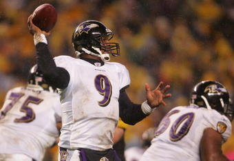 PITTSBURGH - NOVEMBER 05:  Steve McNair #9 of the Baltimore Ravens looks to pass against the Pittsburgh Steelers on November 5, 2007 at Heinz Field in Pittsburgh, Pennsylvania.  (Photo by Chris McGrath/Getty Images)  