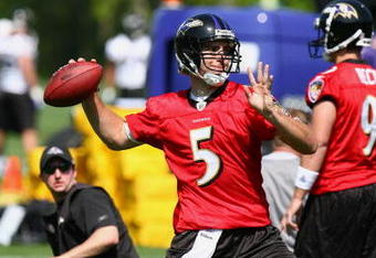 OWINGS MILLS, MARYLAND - MAY 8: Quarterback Joe Flacco #5 of the Baltimore Ravens seen during minicamp at the practice facility on May 8, 2009 in Owings Mills, Maryland. (Photo by Ned Dishman/Getty Images)