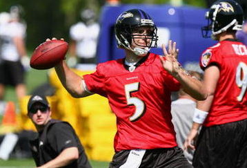 OWINGS MILLS, MARYLAND - MAY 8: Quarterback Joe Flacco #5 of the Baltimore Ravens seen during minicamp at the practice facility on May 8, 2009 in Owings Mills, Maryland. (Photo by Ned Dishman/Getty Images)