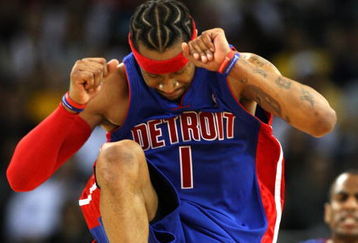 OAKLAND, CA - NOVEMBER 13: Allen Iverson #1 of the Detroit Pistons celebrates in the third quarter against the Golden State Warriors during an NBA game on November 13, 2008 at Oracle Arena in Oakland, California. NOTE TO USER: User expressly acknowledges and agrees that, by downloading and or using this photograph, User is consenting to the terms and conditions of the Getty Images License Agreement. (Photo by Jed Jacobsohn/Getty Images)