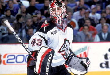 2 Dec 1999: Martin Biron #43 of the Buffalo Sabres looks on the ice during the game against the Philadelphia Flyers at the Marine Midland Arena in Buffalo, New York. The Flyers defeated the Sabres 4-2.