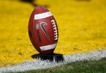 BATON ROUGE, LA - NOVEMBER 08:  Detail view of the football as kicker Josh Jasper #30 of the Louisiana State University Tigers warms up before the game against the Alabama Crimson Tide on November 11, 2008 at Tiger Stadium in Baton Rouge, Louisiana.  (Photo by Chris Graythen/Getty Images)