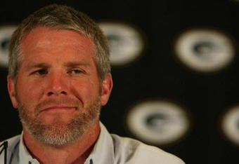 GREEN BAY, WI - MARCH 6: Quarterback Brett Favre of the Green Bay Packers announces his retirement at a press conference at Lambeau Field March 6, 2008 in Green Bay, Wisconsin. (Photo by Jonathan Daniel/Getty Images)