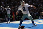 DALLAS - SEPTEMBER 30:  Quarterback Tony Romo #9 and wide receiver Sam Hurd #17 of the Dallas Cowboys celebrate after Romo's 15 yard touchdown run against the St. Louis Rams at Texas Stadium September 30, 2007 in Irving, Texas. The Cowboys won 35-7.  (Photo by Stephen Dunn/Getty Images)