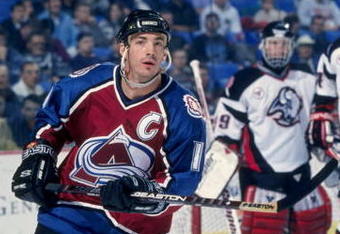 14 Nov 1996:  Center Joe Sakic of the Colorado Avalanche in action during a game against the Buffalo Sabres at the Marine Midland Arena in Buffalo, New York.  The Sabres won the game 5-2. Mandatory Credit: Rick Stewart  /Allsport
