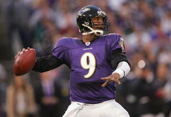 BALTIMORE - JANUARY 13:  Quarterback Steve McNair #9 of the Baltimore Raves drops back to pass against the Indianapolis Colts during their AFC Divisional Playoff game on January 13, 2007 at M&T Bank Stadium in Baltimore, Maryland.  (Photo by Doug Pensinger/Getty Images)