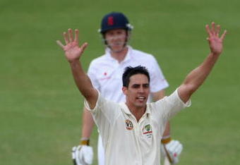 WORCESTER, ENGLAND - JULY 04:  Mitchell Johnson of Australia celebrates the wicket of Joe Denly of England Lions during the Ashes warm-up match between England Lions and Australia at New Road on July 4, 2009 in Worcester, England.  (Photo by Clive Rose/Getty Images)
