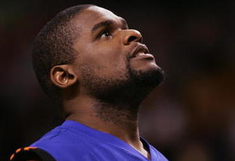 BOSTON - NOVEMBER 24:  Eddy Curry #13 of the New York Knicks looks on during a game against the Boston Celtics at the TD Banknorth Garden on November 24, 2006 in Boston, Massachusetts.  The New York Knicks defeated the Boston Celtics 101-77. NOTE TO USER: User expressly acknowledges and agrees that, by downloading and or using this photograph, User is consenting to the terms and conditions of the Getty Images License Agreement. (Photo by Elsa/Getty Images)