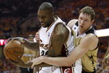 CLEVELAND - APRIL 21:  Joe Smith #32 of the Cleveland Cavaliers gets fouled by  Darius Songaila #9 of the Washington Wizards in Game Two of the Eastern Conference Quarterfinals during the 2008 NBA Playoffs at Quicken Loans Arena April 21, 2008 in Cleveland, Ohio. Cleveland won the game 116-86. NOTE TO USER: User expressly acknowledges and agrees that, by downloading and or using this photograph, User is consenting to the terms and conditions of the Getty Images License Agreement.  (Photo by Gregory Shamus/Getty Images)