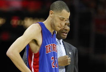 CLEVELAND - APRIL 21: Tayshaun Prince #22 of the Detroit Pistons talks with Pistons Coach Michael Curry while playing against the Cleveland Cavaliers in Game Two of the Eastern Conference Quarterfinals during the 2009 NBA Playoffs at Quicken Loans Arena on April 21, 2009 in Cleveland, Ohio. Cleveland won the game 94-82, taking a 2-0 series lead. NOTE TO USER: User expressly acknowledges and agrees that, by downloading and or using this photograph, User is consenting to the terms and conditions of the Getty Images License Agreement.  (Photo by Gregory Shamus/Getty Images)