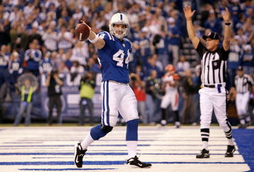 INDIANAPOLIS - DECEMBER 07:  Dallas Clark #44 of the Indianapolis Colts celebrates after he scored on a 4-yard touchdown reception in the third quarter against the Cincinnati Bengals at Lucas Oil Stadium on December 7, 2008 in Indianapolis, Indiana.  (Photo by Andy Lyons/Getty Images)