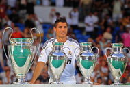 MADRID, SPAIN - JULY 06: New Real Madrid player Cristiano Ronaldo is presented to a full house at the Santiago Bernabeu stadium on July 6, 2009 in Madrid, Spain. (Photo by Denis Doyle/Getty Images)