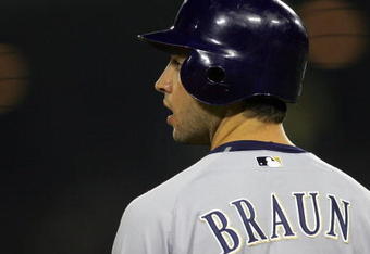 LOS ANGELES, CA - AUGUST 16:  Ryan Braun #8 of the Milwaukee Brewers looks on from third base during their MLB game against the Los Angeles Dodgers at Dodger Stadium on August 16, 2008 in Los Angeles, California. The Brewers defeated the Dodgers 4-3 in 10 innings.  (Photo by Victor Decolongon/Getty Images)