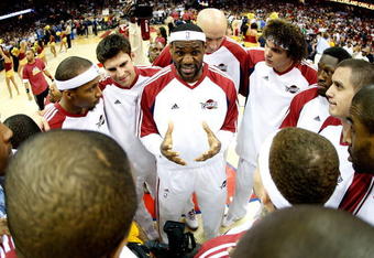 CLEVELAND - MAY 28: LeBron James #23 of the Cleveland Cavaliers speaks to his teammates before Game Five of the Eastern Conference Finals against the Orlando Magic during the 2009 Playoffs at Quicken Loans Arena on May 28, 2009 in Cleveland, Ohio. NOTE TO USER: User expressly acknowledges and agrees that, by downloading and or using this photograph, User is consenting to the terms and conditions of the Getty Images License Agreement  (Photo by Gregory Shamus/Getty Images)