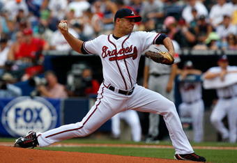 ATLANTA - JUNE 27:  Starting pitcher Javier Vazquez #33 of the Atlanta Braves pitches against the Boston Red Sox at Turner Field on June 27, 2009 in Atlanta, Georgia.  (Photo by Kevin C. Cox/Getty Images)