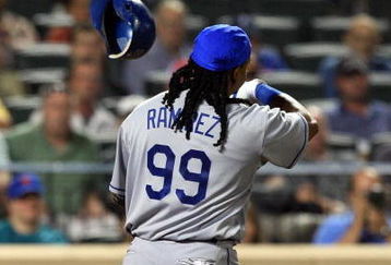 NEW YORK - JULY 07:  Manny Ramirez #99 of the Los Angeles Dodgers reacts after striking out in the fifth inning against the New York Mets on July 7, 2009 at Citi Field in the Flushing neighborhood of the Queens borough of New York City.  (Photo by Jim McIsaac/Getty Images)