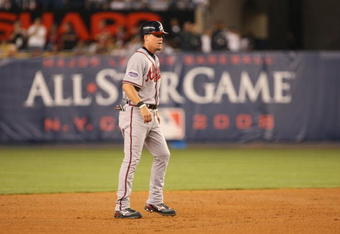 NEW YORK - JULY 15:  Chipper Jones #10 of the National League All-Stars looks on against the American League All-Stars during the 79th MLB All-Star Game at Yankee Stadium on July 15, 2008 in New York, New York. (Photo by Nick Laham/Getty Images)