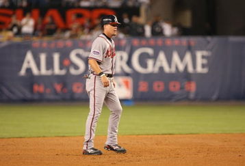 NEW YORK - JULY 15:  Chipper Jones #10 of the National League All-Stars looks on against the American League All-Stars during the 79th MLB All-Star Game at Yankee Stadium on July 15, 2008 in New York, New York. (Photo by Nick Laham/Getty Images)