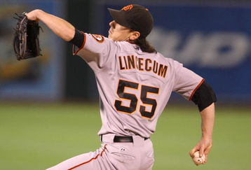 OAKLAND, CA - JUNE 23:  Tim Lincecum #55 of the San Francisco Giants pitches against the Oakland Athletics during a Major League Baseball game on June 23, 2009 at the Oakland Coliseum in Oakland, California.  (Photo by Jed Jacobsohn/Getty Images)