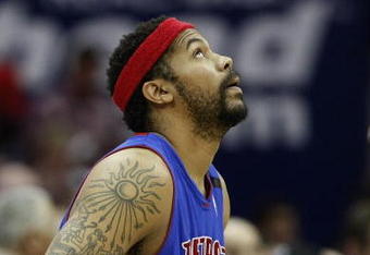 CLEVELAND - APRIL 21: Rasheed Wallace #30 of the Detroit Pistons sits on the scorers bench during a time-out while playing the Cleveland Cavaliers in Game Two of the Eastern Conference Quarterfinals during the 2009 NBA Playoffs at Quicken Loans Arena on April 21, 2009 in Cleveland, Ohio.  NOTE TO USER: User expressly acknowledges and agrees that, by downloading and or using this photograph, User is consenting to the terms and conditions of the Getty Images License Agreement.  (Photo by Gregory Shamus/Getty Images)
