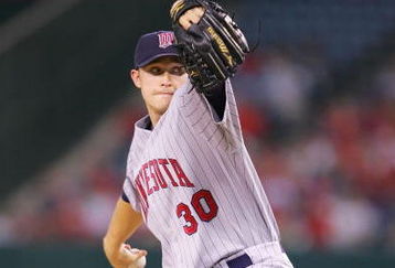 ANAHEIM, CA - AUGUST 21:   Scott Baker #30 of the Minnesota Twins pitches against the Los Angeles Angels of Anaheim at Angels Stadium on August 21, 2008 in Anaheim, California.  (Photo by Lisa Blumenfeld/Getty Images)