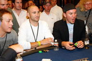 LAS VEGAS - SEPTEMBER 26: Colorado Avalanche players Ian Laperriere (L) and Scott Hannan participate in the Luc Robitaille/Shelter for Serenity Celebrity Poker Tournament at the MGM Grand Hotel/Casino September 26, 2008 in Las Vegas, Nevada. (Photo by Ethan Miller/Getty Images)