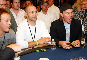 LAS VEGAS - SEPTEMBER 26:  Colorado Avalanche players Ian Laperriere (L) and Scott Hannan participate in the Luc Robitaille/Shelter for Serenity Celebrity Poker Tournament at the MGM Grand Hotel/Casino September 26, 2008 in Las Vegas, Nevada.  (Photo by Ethan Miller/Getty Images)