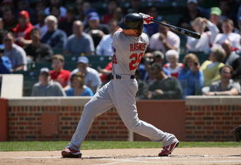 CHICAGO - APRIL 17:  Colby Rasmus #28 of the St. Louis Cardinals bats against the Chicago Cubs on April 17, 2009 at Wrigley Field in Chicago, Illinois. (Photo by Jonathan Daniel/Getty Images) 