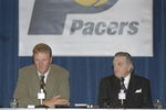 22 May 1997: Coach Larry Bird and team president Donnie Walsh of the Indiana Pacers speak to reporters during a press conference in Indianapolis, Indiana.