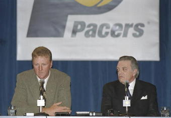 22 May 1997: Coach Larry Bird and team president Donnie Walsh of the Indiana Pacers speak to reporters during a press conference in Indianapolis, Indiana.